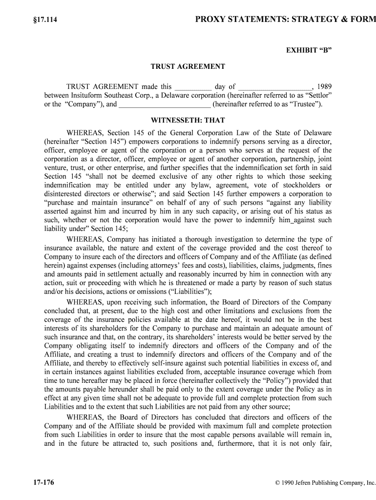 TRUST AGREEMENT Made This Day of , 1989  Form