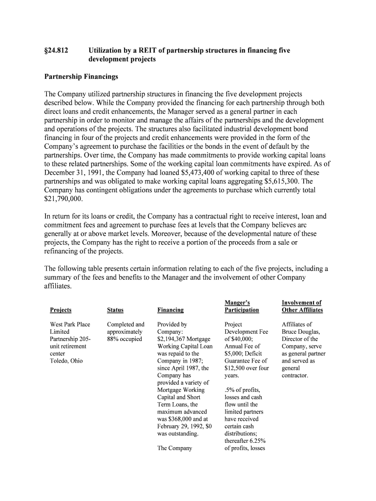 Utilization by a REIT of Partnership Structures in Financing Five  Form