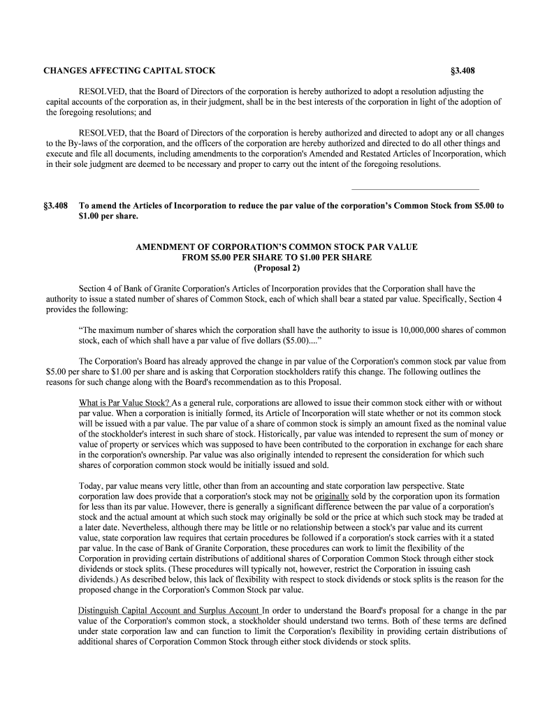 CHANGES AFFECTING CAPITAL STOCK  Form