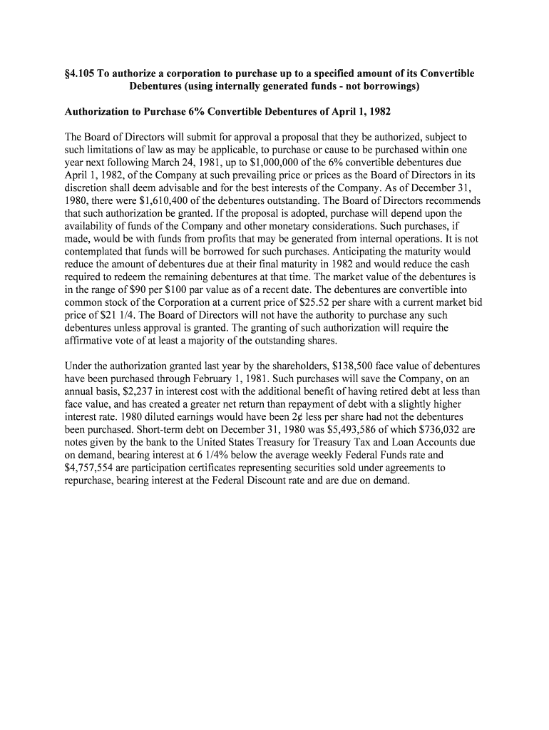 105 to Authorize a Corporation to Purchase Up to a Specified Amount of Its Convertible  Form