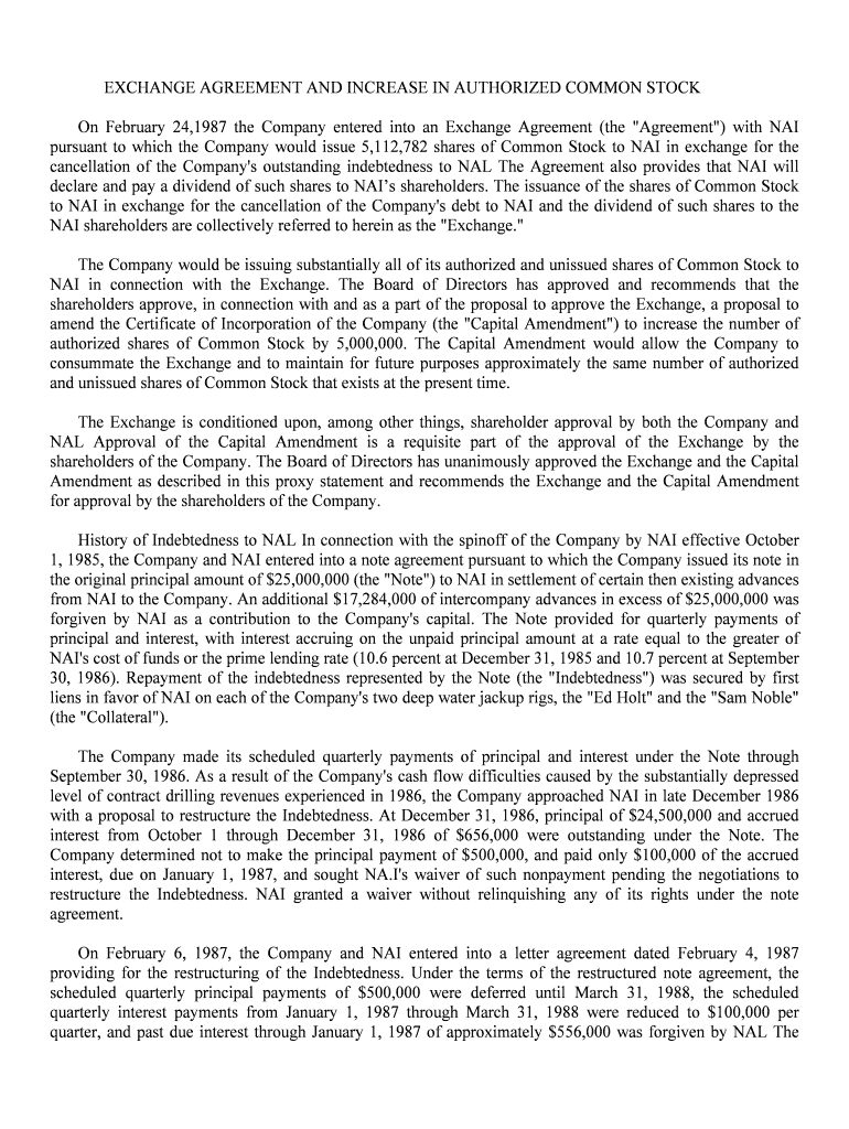 EXCHANGE AGREEMENT and INCREASE in AUTHORIZED COMMON STOCK  Form