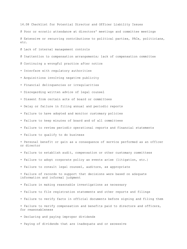 08 Checklist for Potential Director and Officer Liability Issues  Form