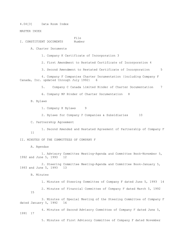 Data Room Index  Form