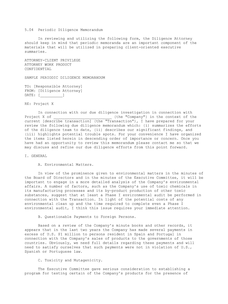 Periodic Diligence Memorandum  Form