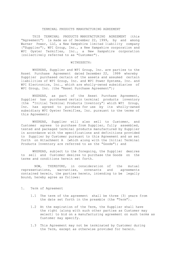 TERMINAL PRODUCTS MANUFACTURING AGREEMENT  Form