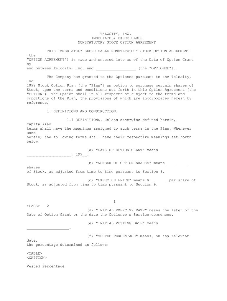 Form of Stock Option Agreement Early Exercise