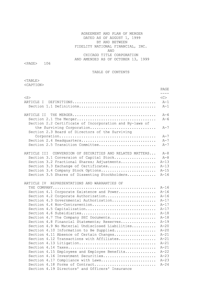 Agreement and Plan of Merger between Fidelity National  Form