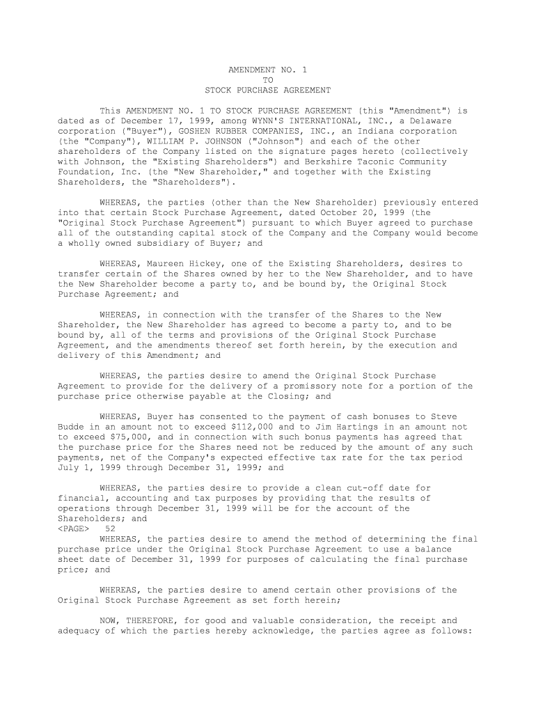Amendment No 1 to Stock Purchase Agreement  Form