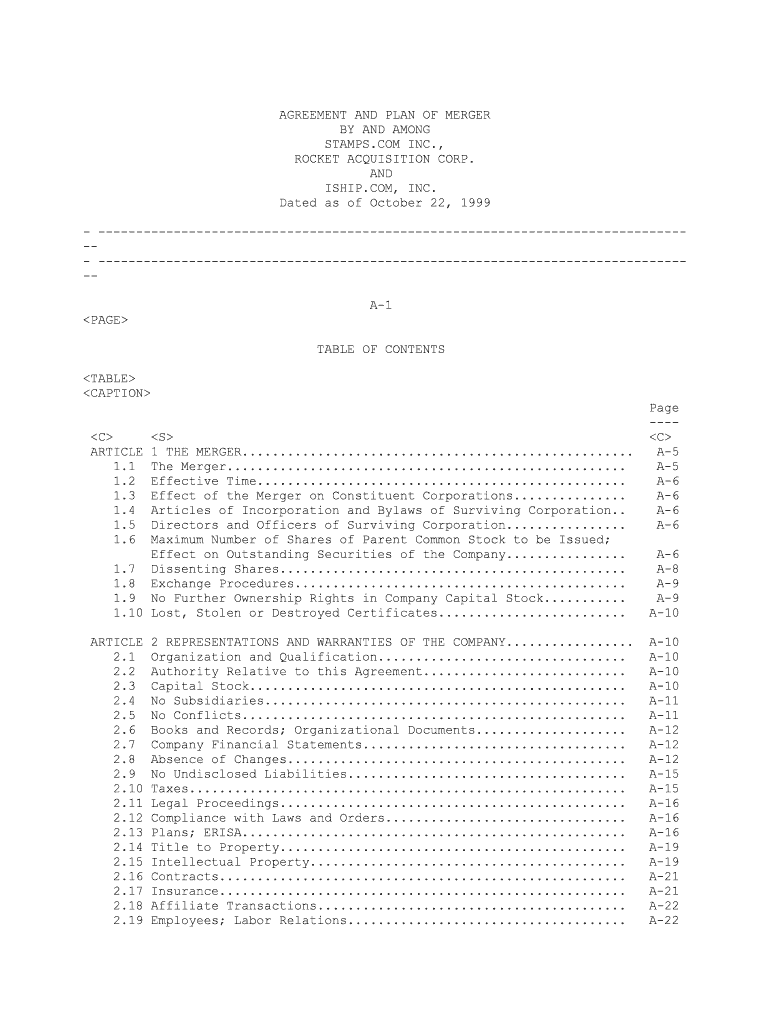 Agreement and Plan of Merger Stamps Com Inc Findlaw  Form