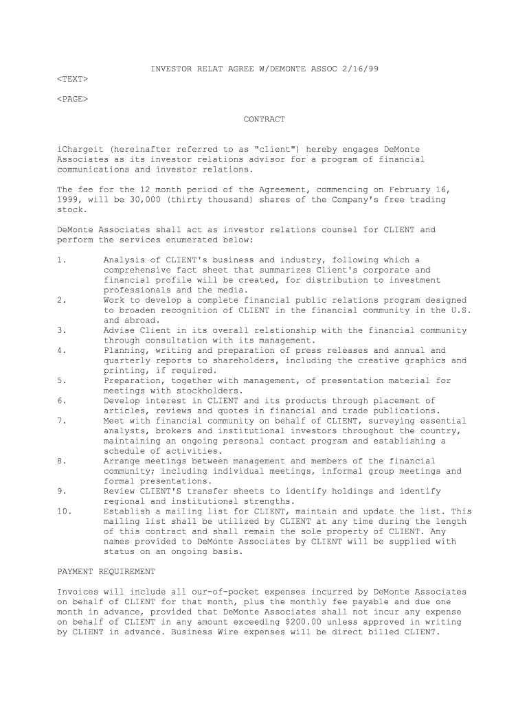 INVESTOR RELAT AGREE WDEMONTE ASSOC 21699  Form