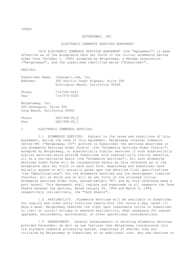 Electronic Commerce Services Agreement Sample Business  Form