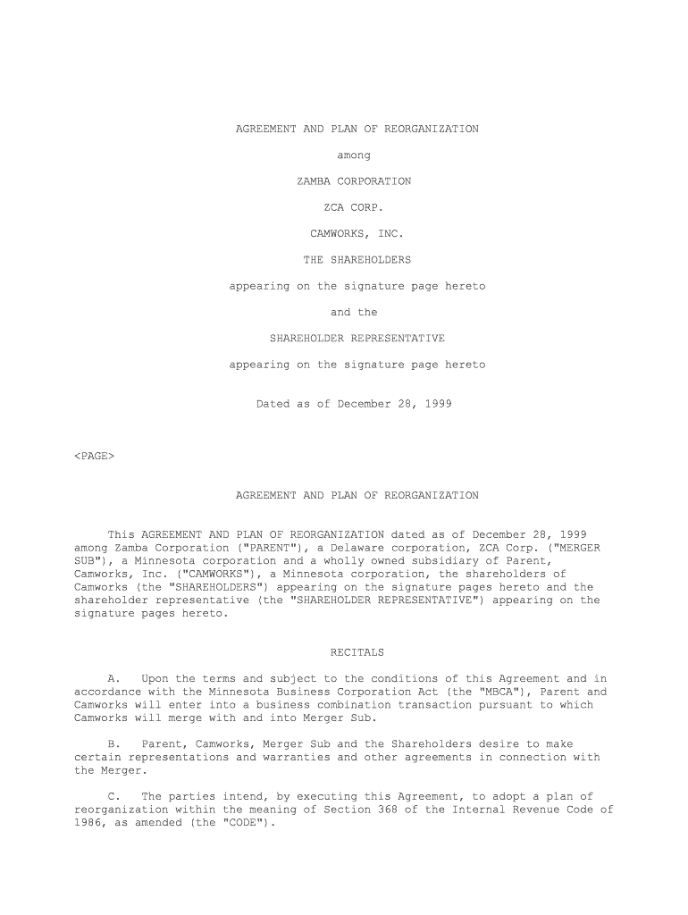 AGREEMENT and PLAN of REORGANIZATION by Zamba Corp  Form