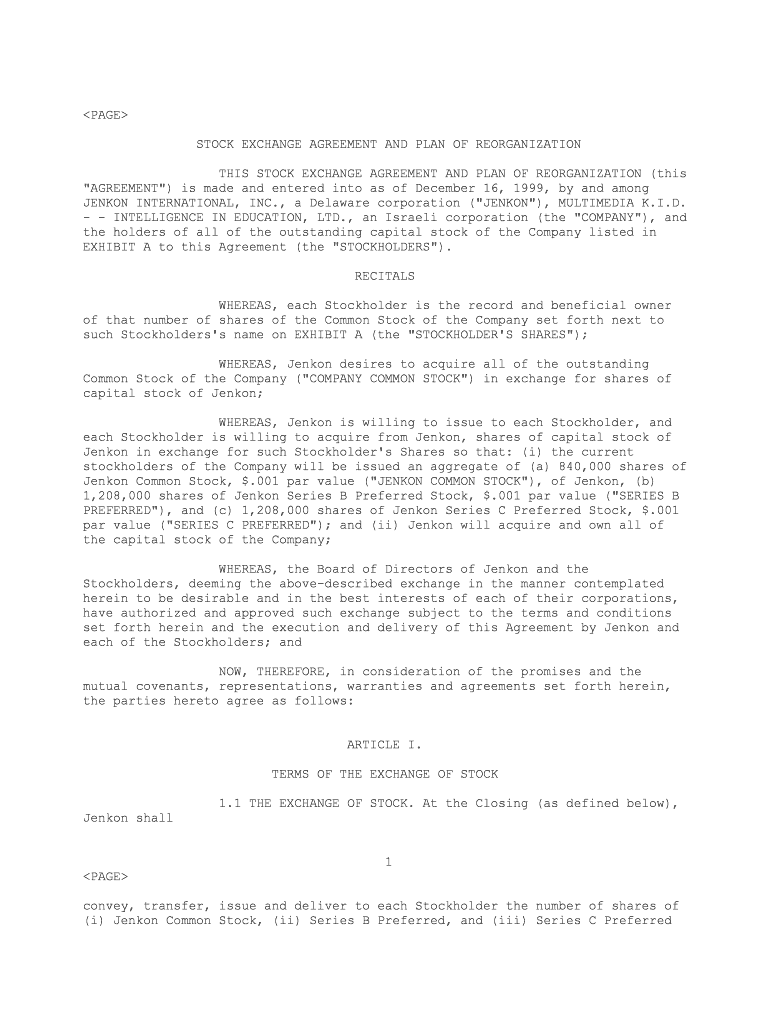 STOCK EXCHANGE AGREEMENT and PLAN of REORGANIZATION  Form