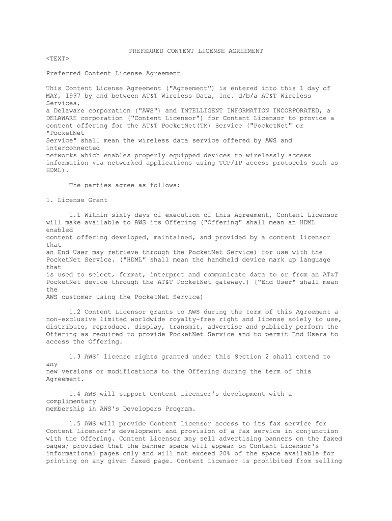 PREFERRED CONTENT LICENSE AGREEMENT Form Fill Out and Sign Printable