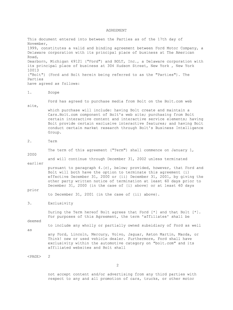 Agreement Ford Motor Co and Bolt Inc Sample  Form