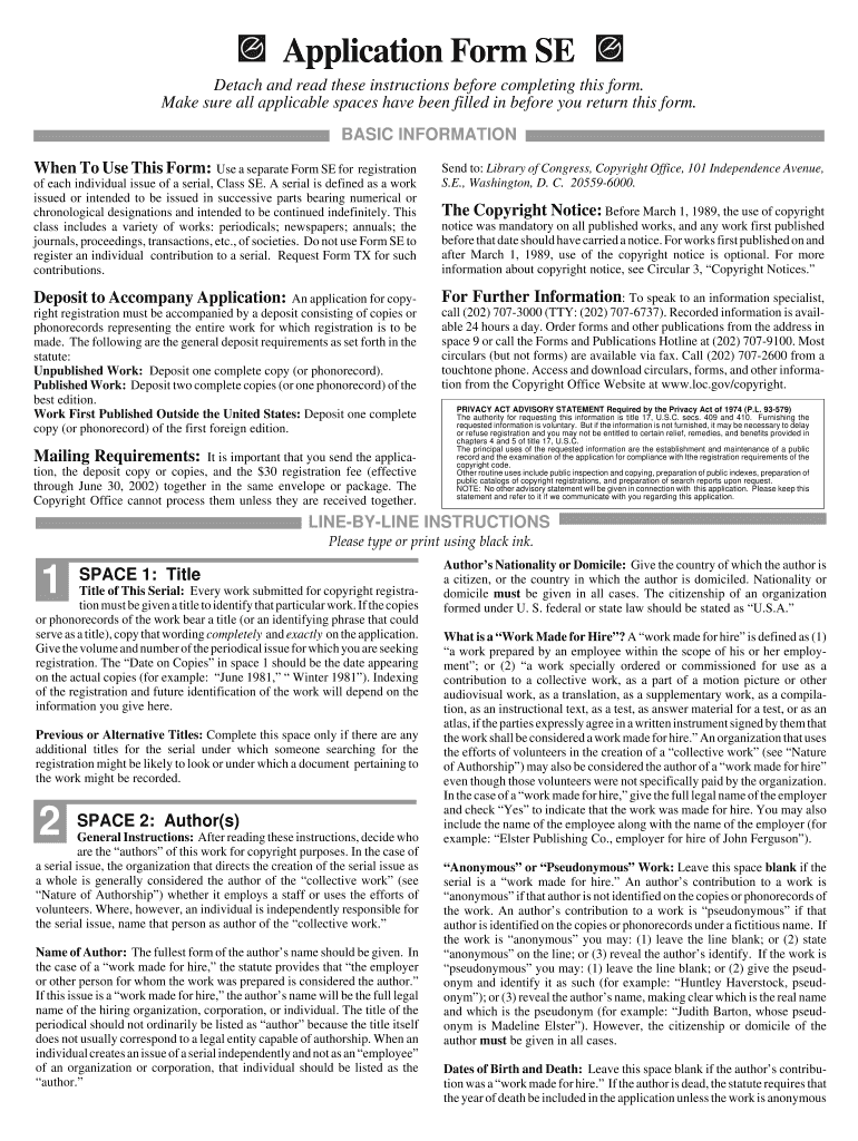 Fill Fillable Copyright Office Form SE PDF Form