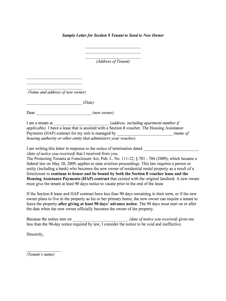 Sample Letter for Section 8 Tenant to Send to New OwnerUS  Form