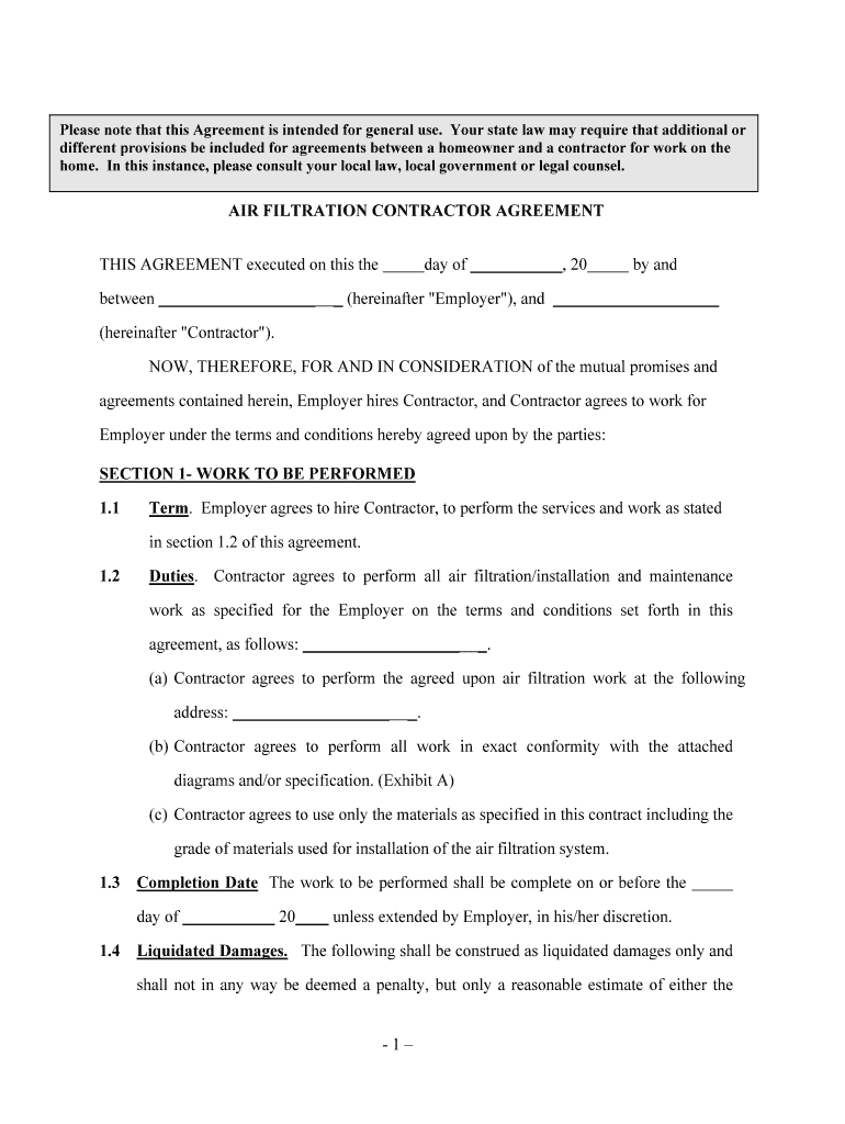 AIR FILTRATION CONTRACTOR AGREEMENT  Form