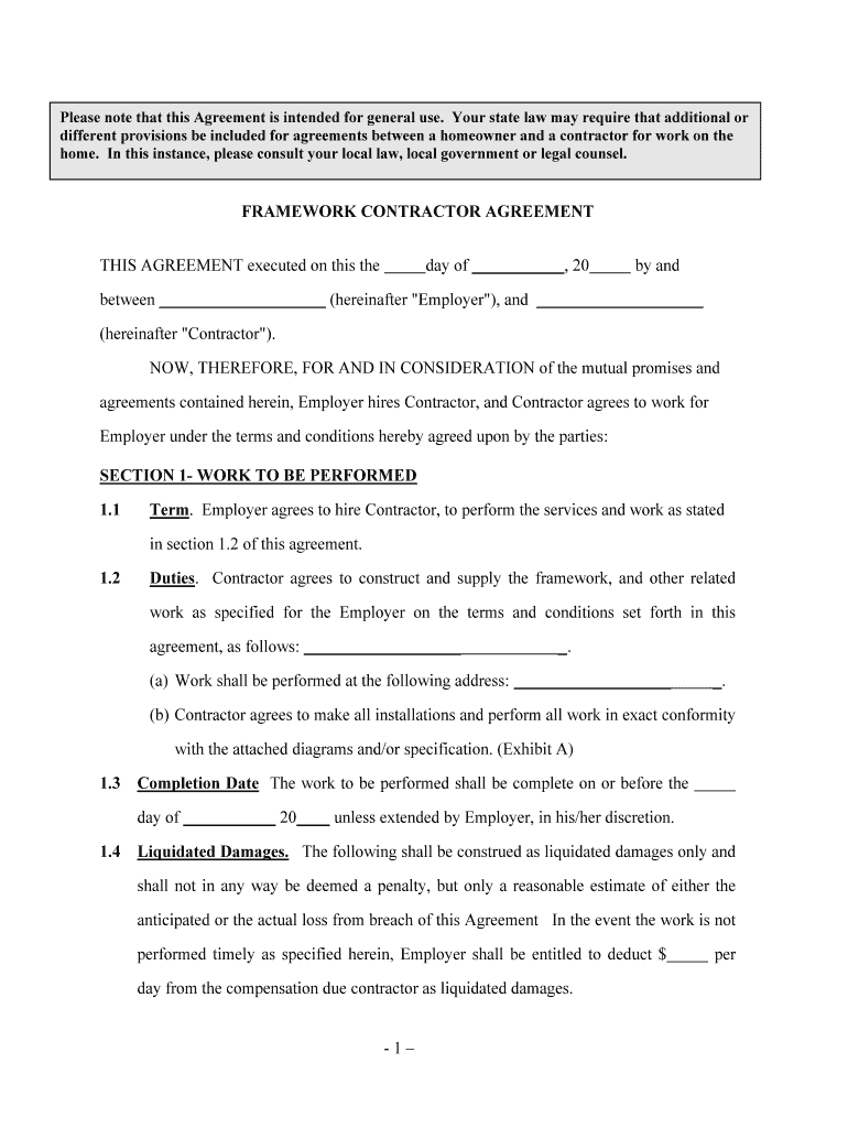 FRAMEWORK CONTRACTOR AGREEMENT  Form