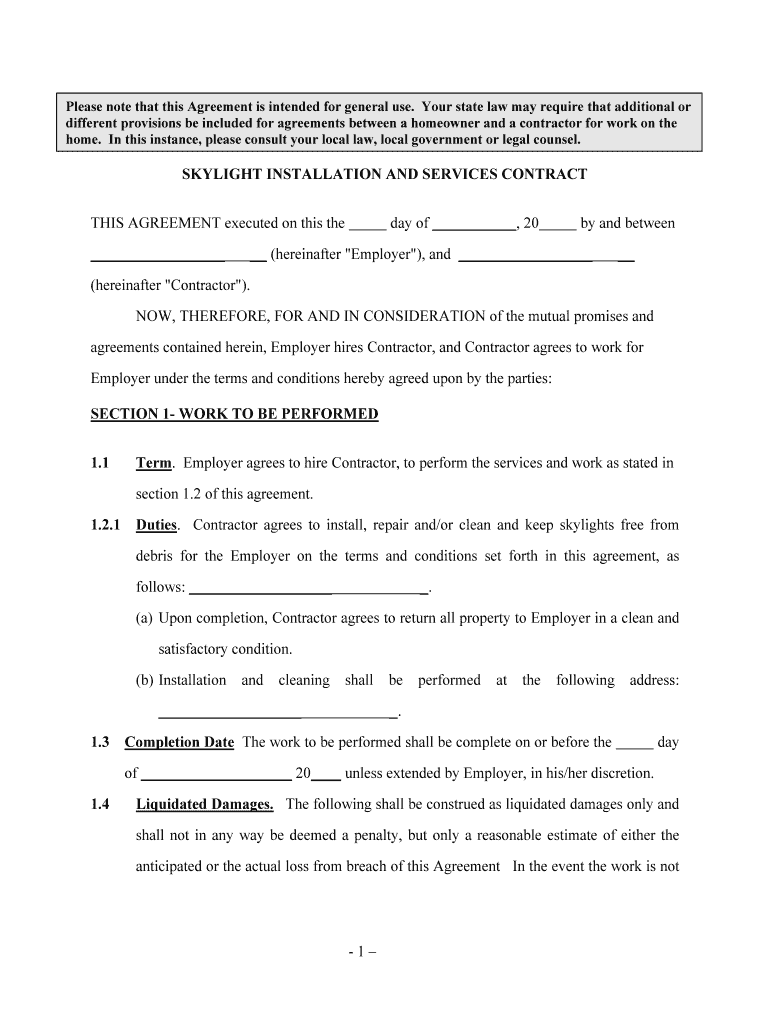 SKYLIGHT INSTALLATION and SERVICES CONTRACT  Form