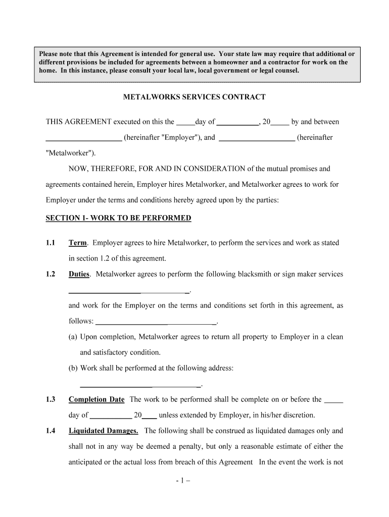 METALWORKS SERVICES CONTRACT  Form