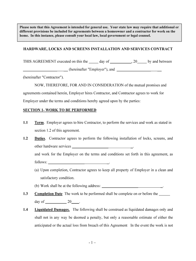 HARDWARE, LOCKS and SCREENS INSTALLATION and SERVICES CONTRACT  Form