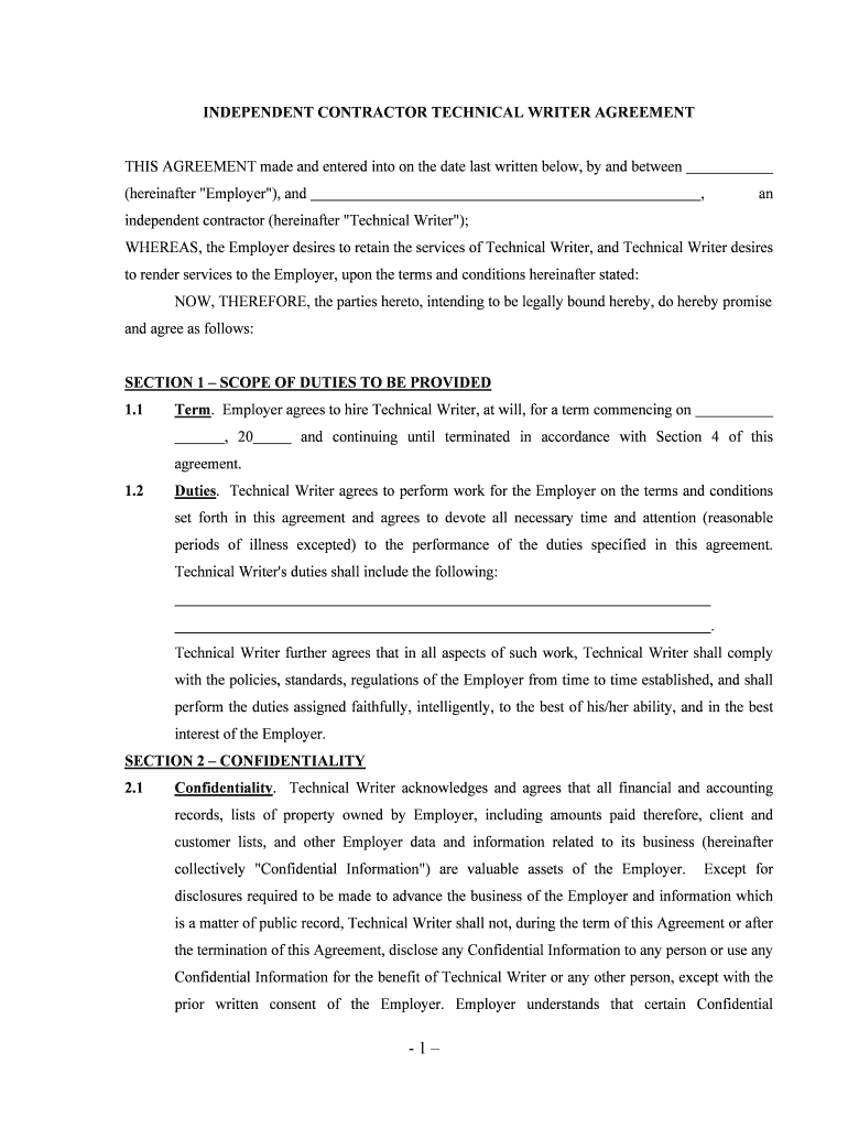 INDEPENDENT CONTRACTOR TECHNICAL WRITER AGREEMENT  Form