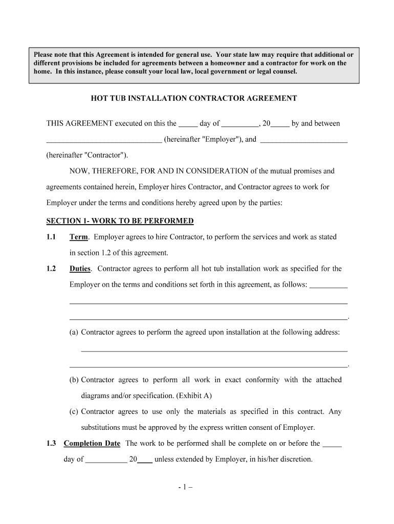 HOT TUB INSTALLATION CONTRACTOR AGREEMENT  Form