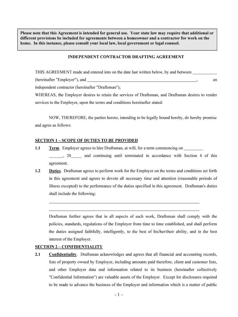 INDEPENDENT CONTRACTOR DRAFTING AGREEMENT  Form