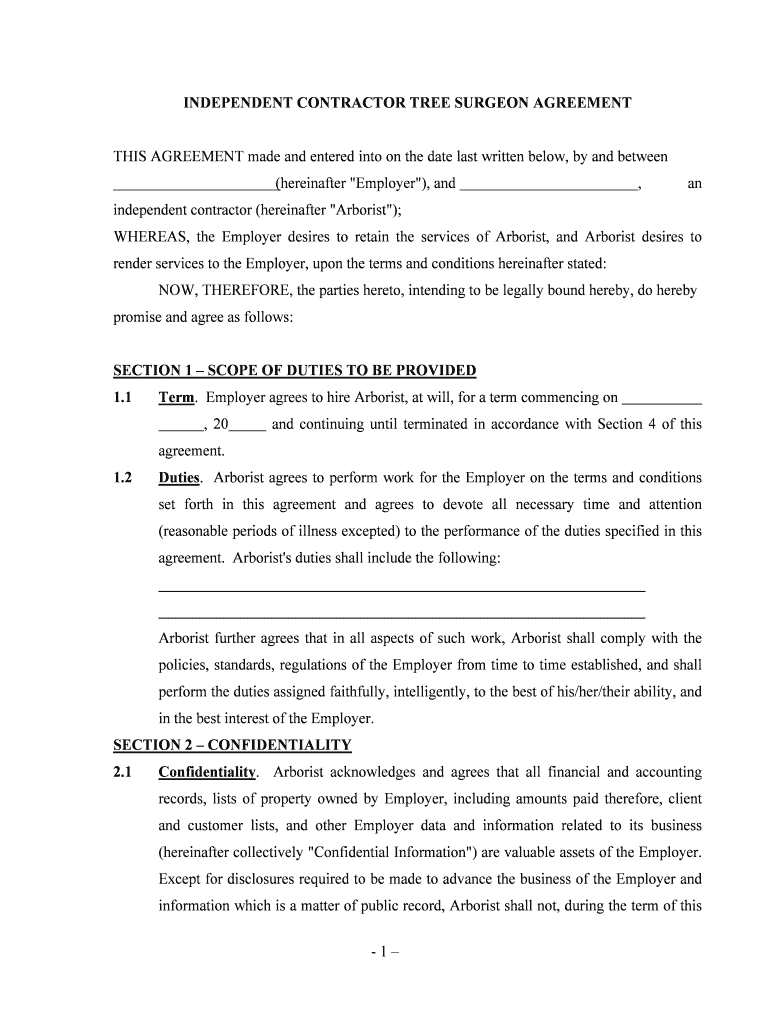 INDEPENDENT CONTRACTOR TREE SURGEON AGREEMENT  Form