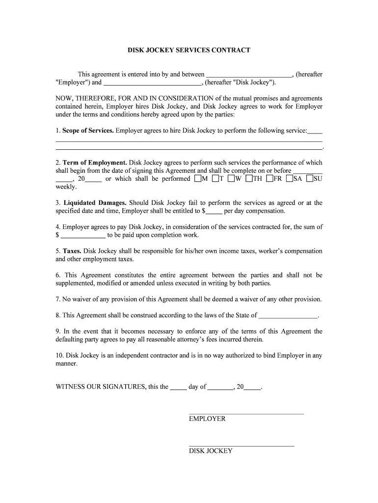 DISK JOCKEY SERVICES CONTRACT  Form