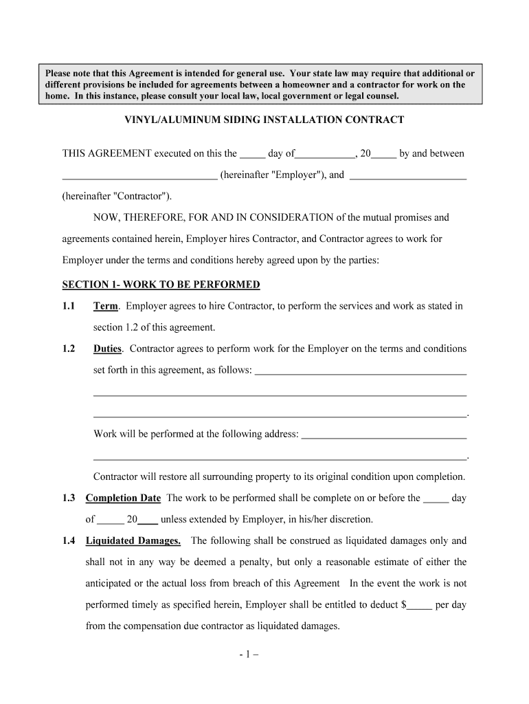 VINYLALUMINUM SIDING INSTALLATION CONTRACT  Form