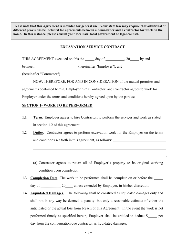 EXCAVATION SERVICE CONTRACT Form