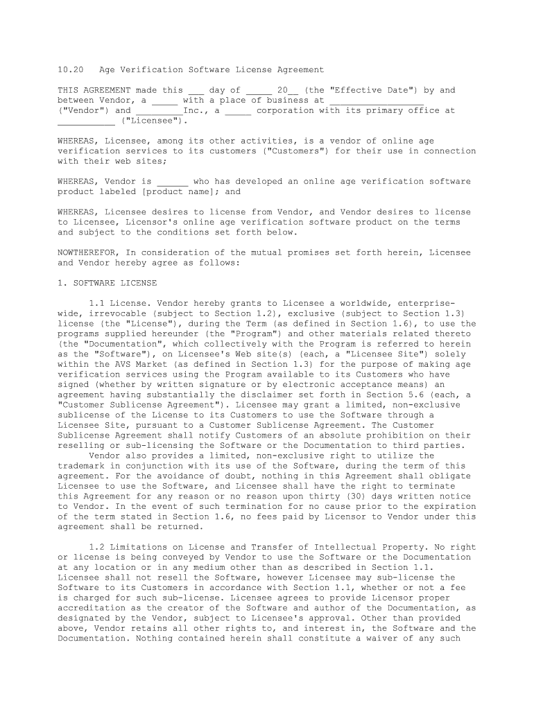Age Verification Software License Agreement  Form