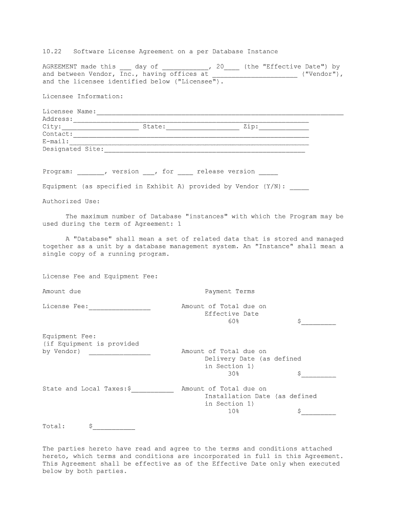 Software License Agreement on a Per Database Instance  Form