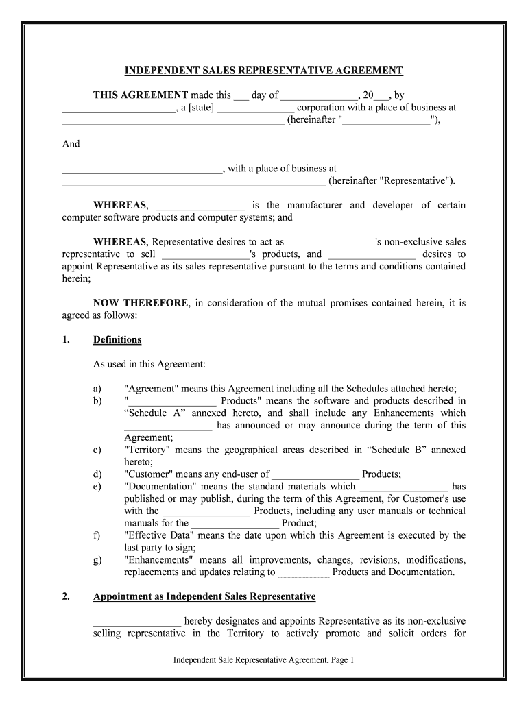 Sample Independent Sales Representative Agreement  Form