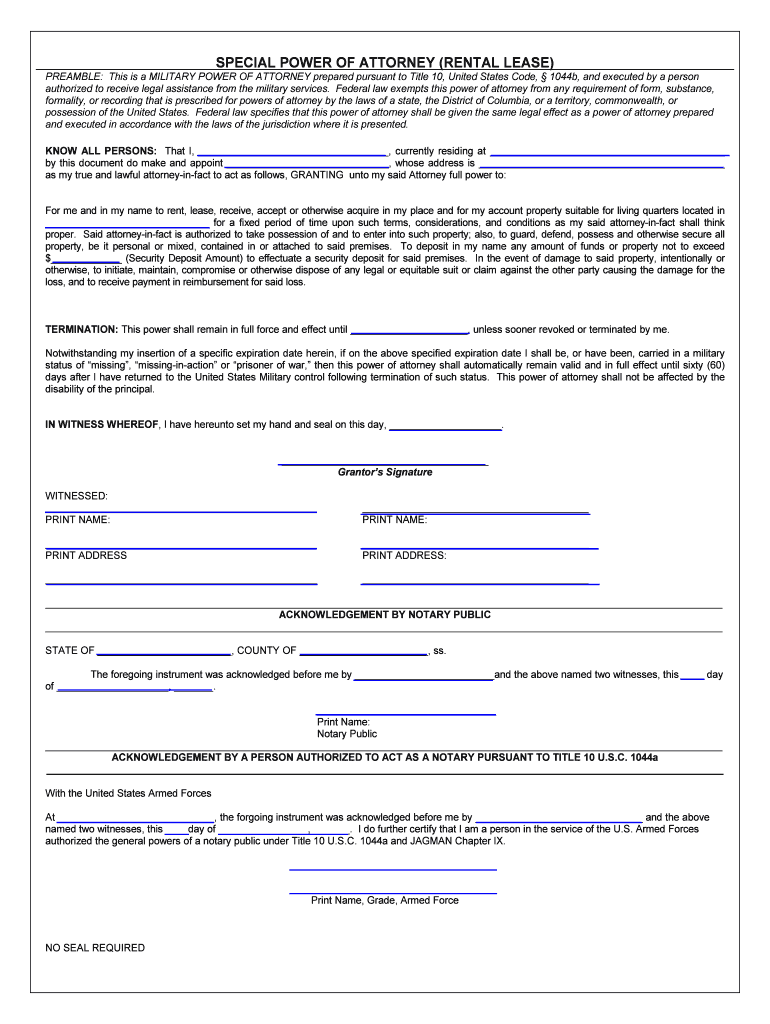Special Power of Attorney Rental Lease NavyDEP  Form