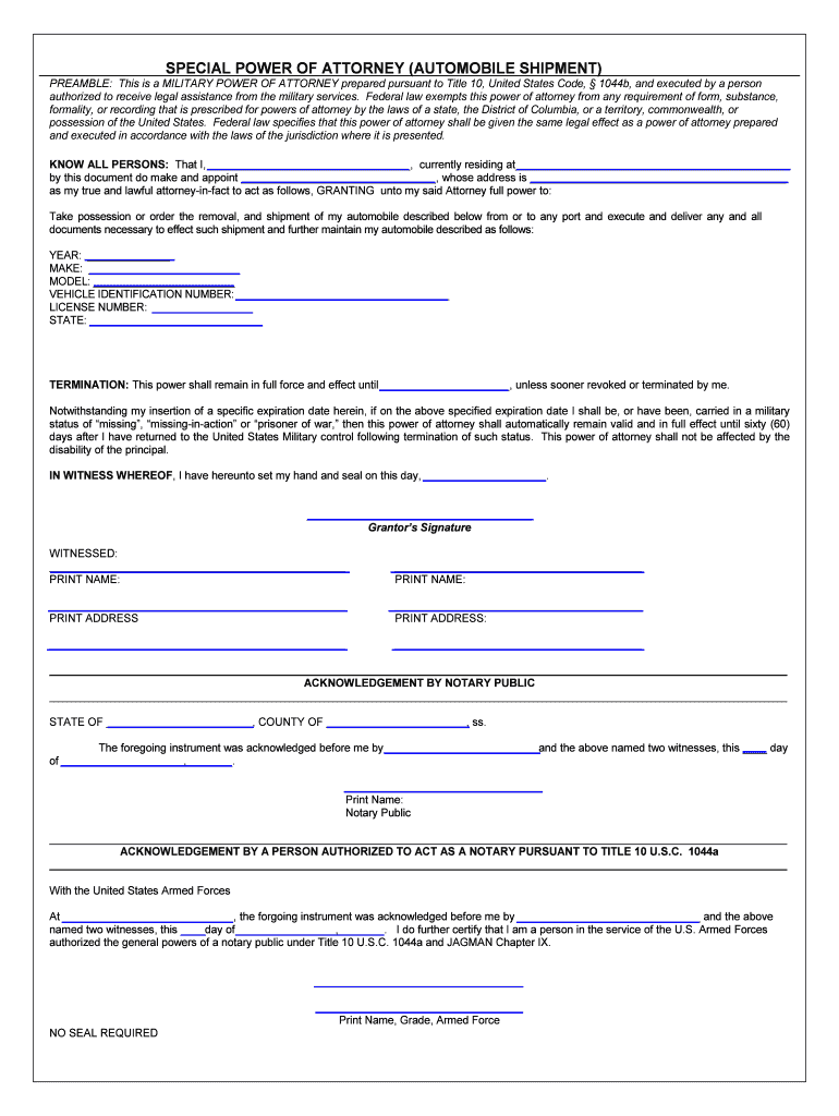 SPECIAL POWER of ATTORNEY AUTOMOBILE SHIPMENT  Form