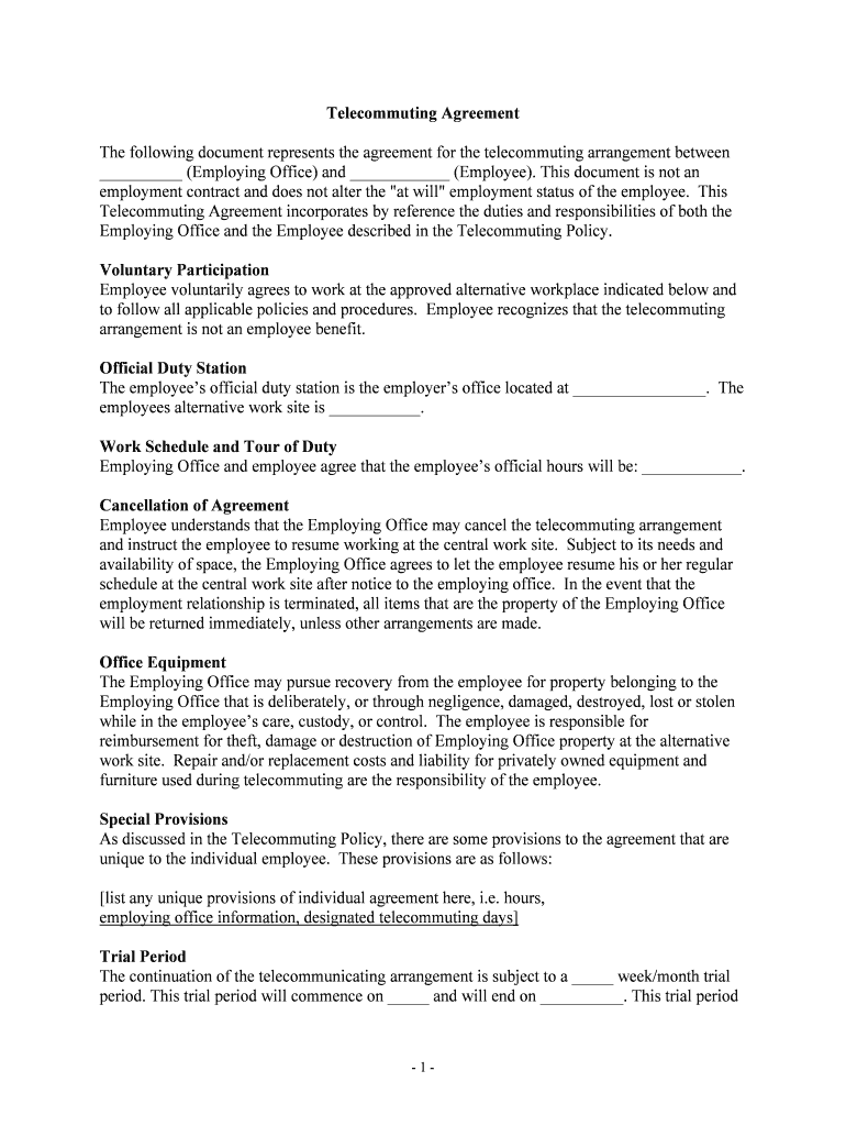 Telecommuting Agreement the Following Document  Form
