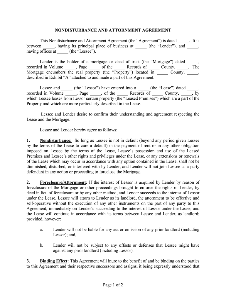 Form of Subordination, Non Disturbance and Attornment