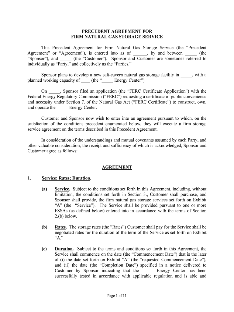 Precedent Agreement for Firm Natural Gas Storage Service Form