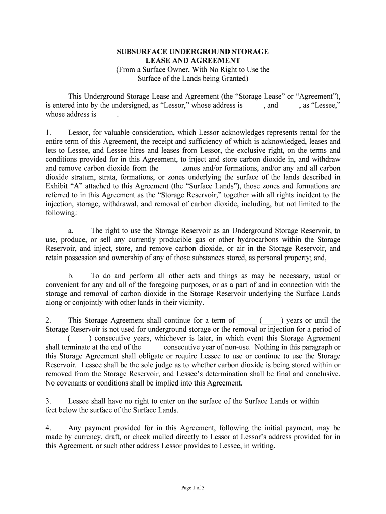 Subsurface Underground Storage Lease and Agreement from a  Form