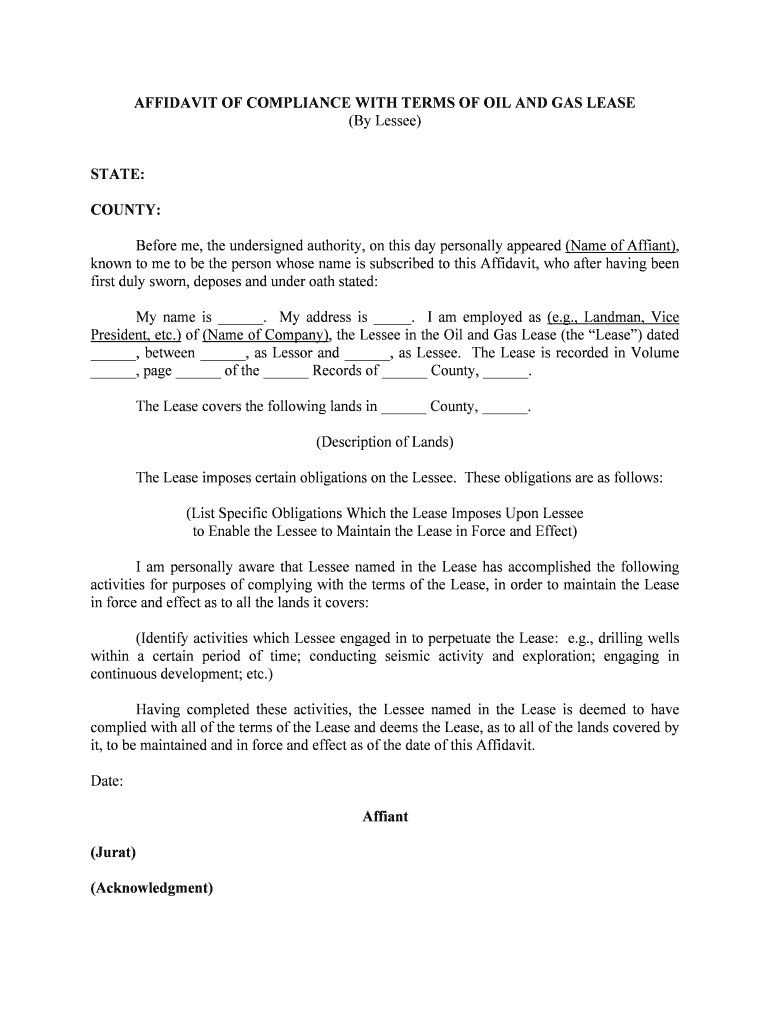 AFFIDAVIT of COMPLIANCE with TERMS of OIL and GAS LEASE  Form