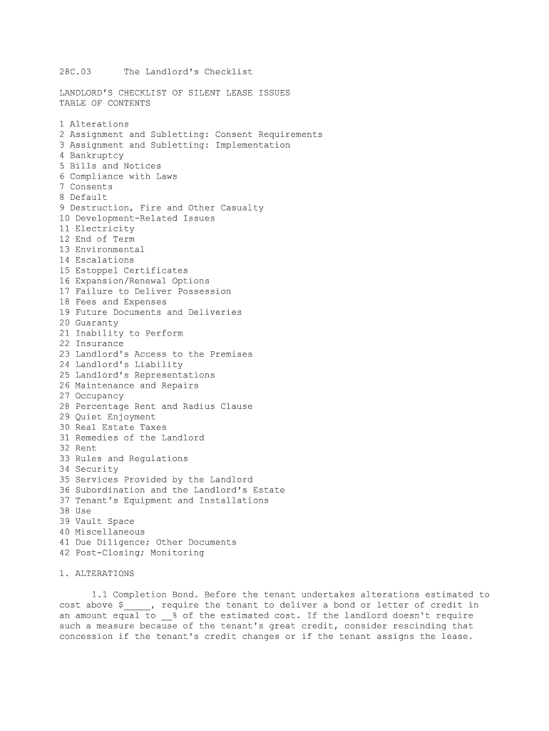 Landlord's Checklist of Silent Lease Issues Third Edition  Form