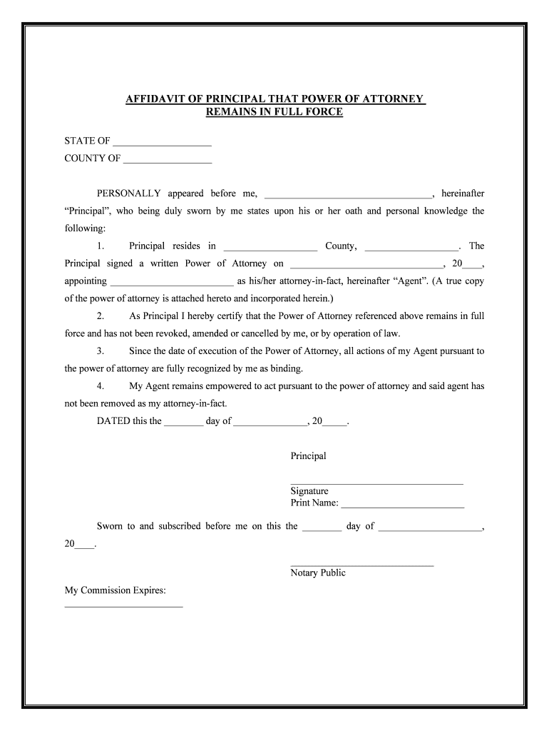 AFFIDAVIT of PRINCIPAL that POWER of ATTORNEY  Form