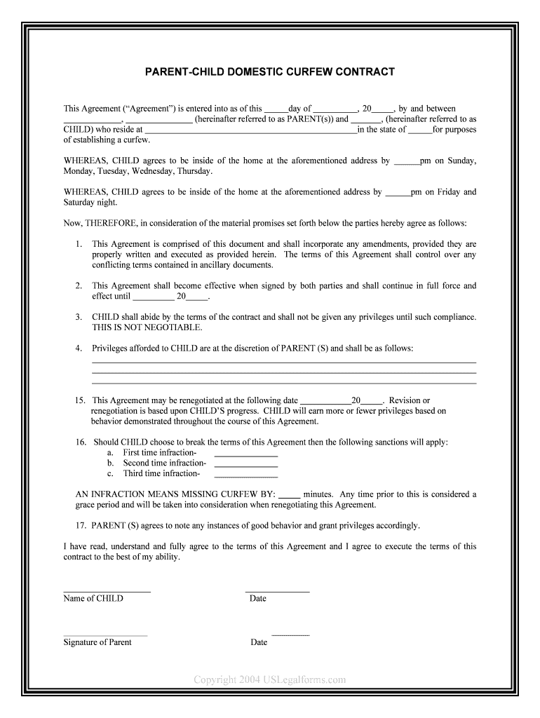 PARENT CHILD DOMESTIC CURFEW CONTRACT  Form