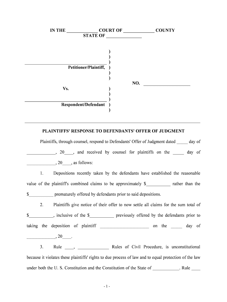 PLAINTIFFS' RESPONSE to DEFENDANTS' OFFER of JUDGMENT  Form