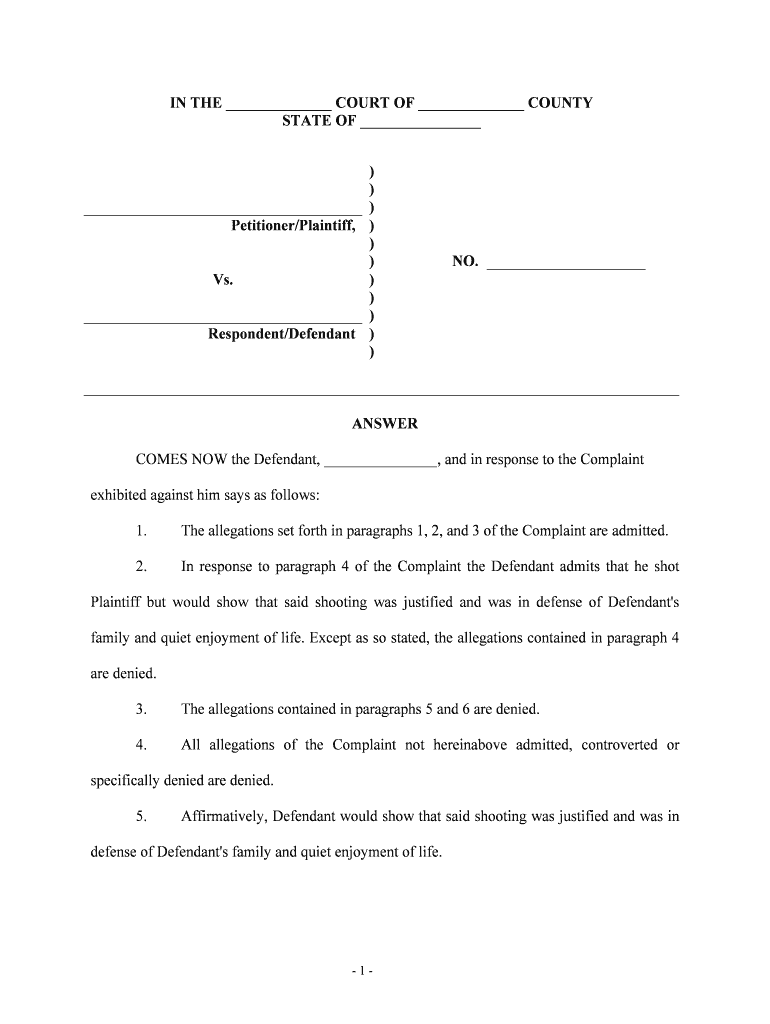 COMES NOW the Defendant, , and in Response to the Complaint  Form