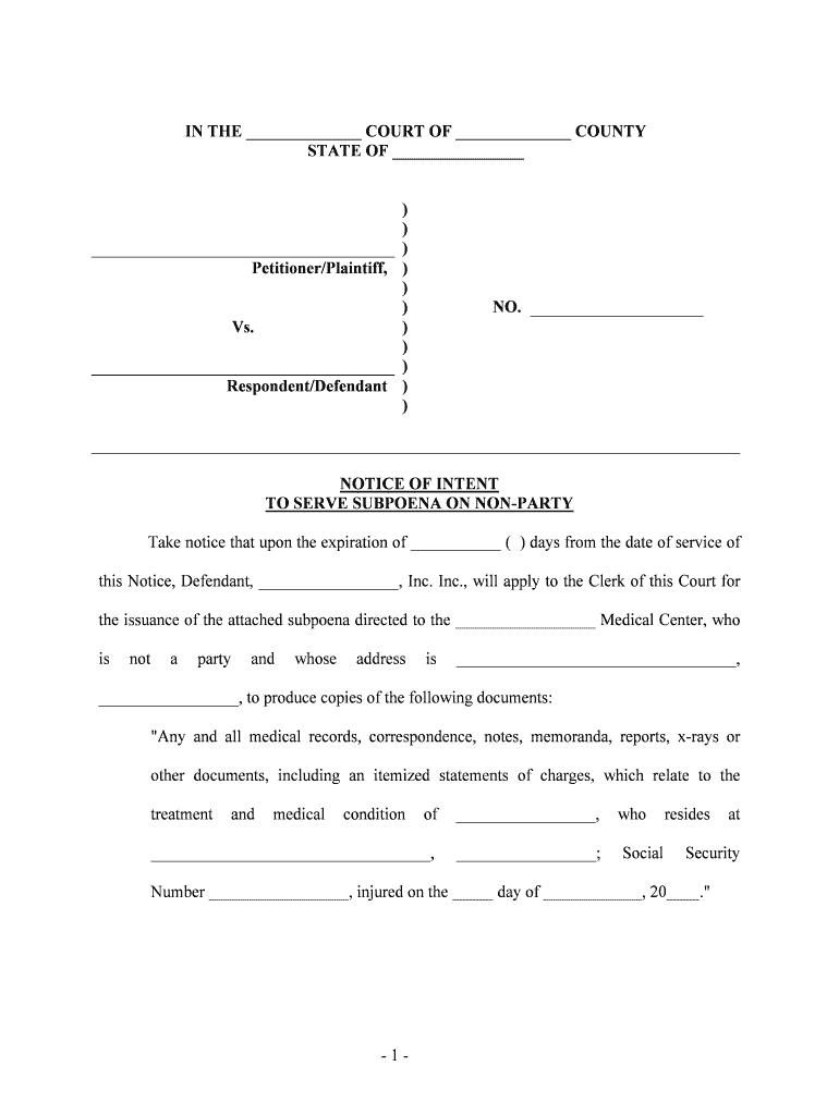 To SERVE SUBPOENA on NON PARTY  Form