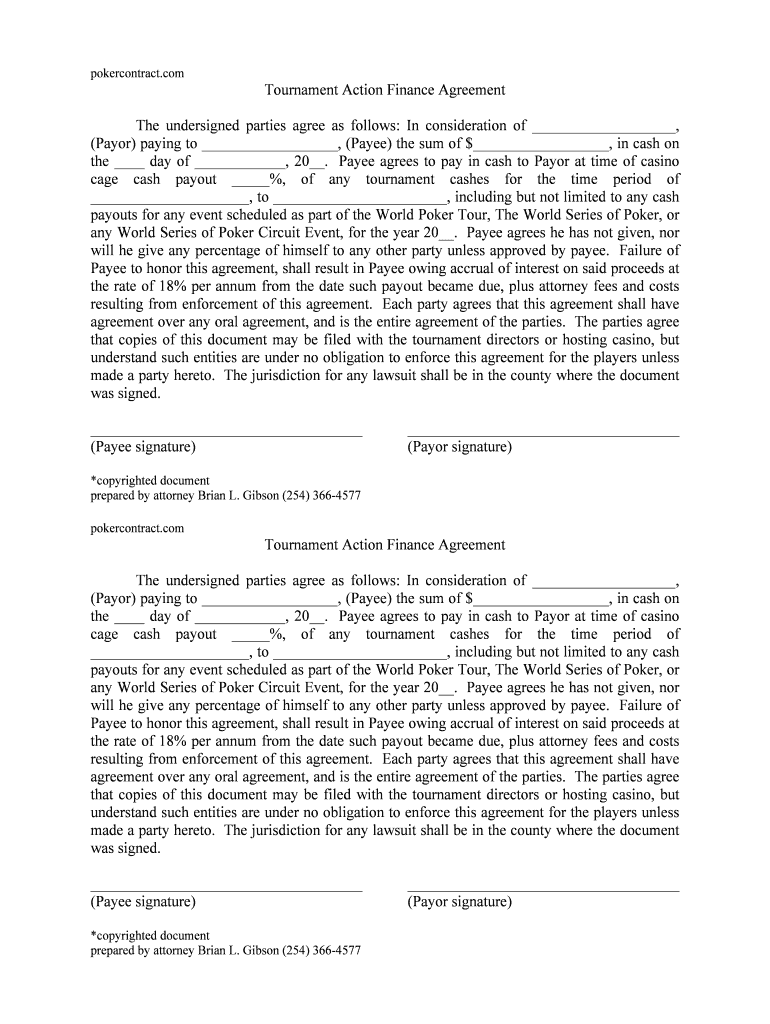 Tournament Action Finance Agreement  Form